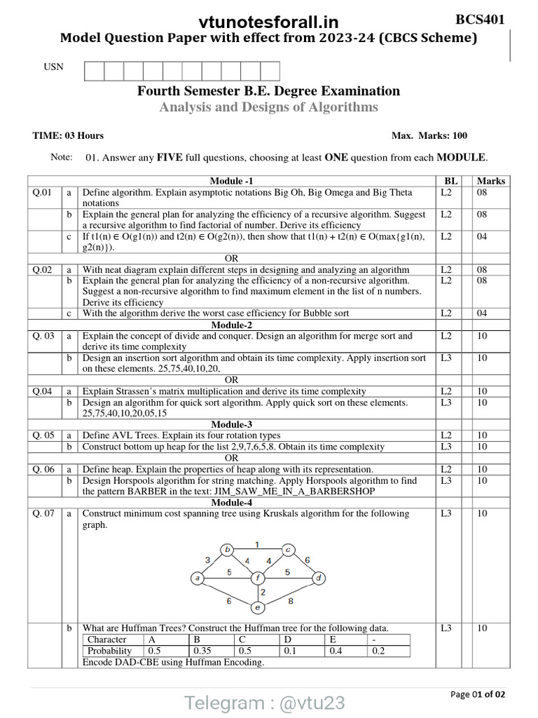 BCS401 Algorithm Design Exam Paper | PDF | Graph Theory | Algorithms