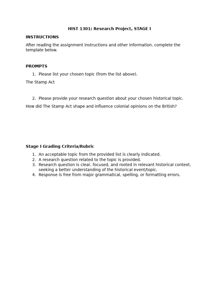 HIST 1301 Research Project Template Stage I-1 | PDF