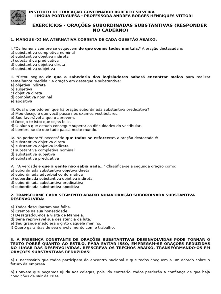Exercícios sobre Orações Subordinadas | PDF