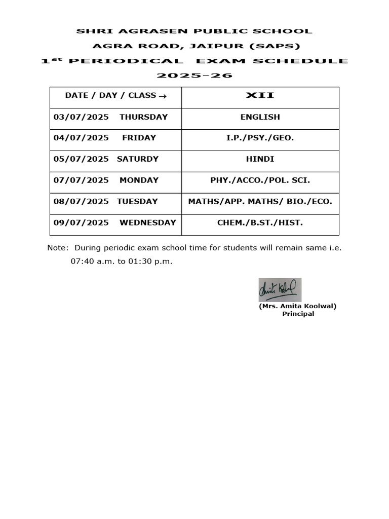 1st Periodical Exam Schedule 2025 | PDF