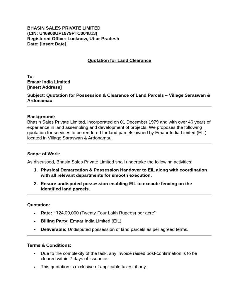 Quotation for Emaar India Land Clearance | PDF