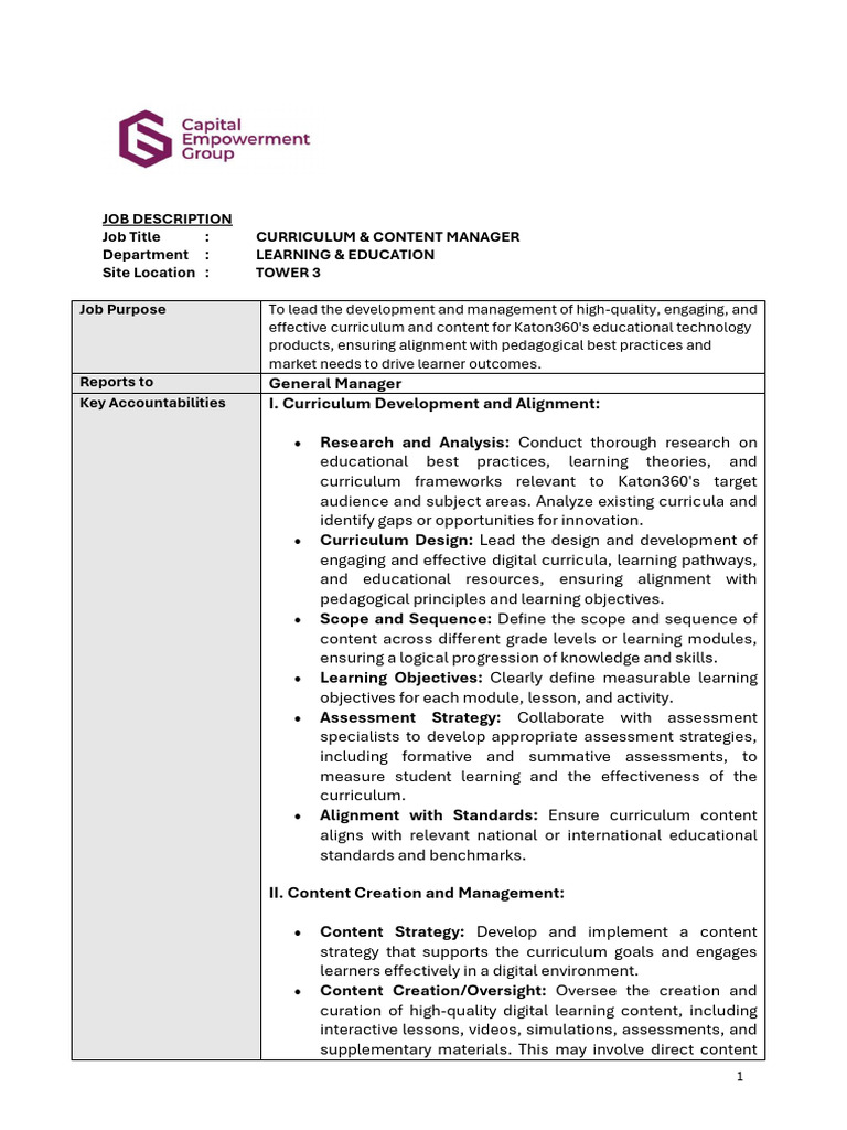Curriculum & Content Manager Job Description | PDF | Curriculum ...
