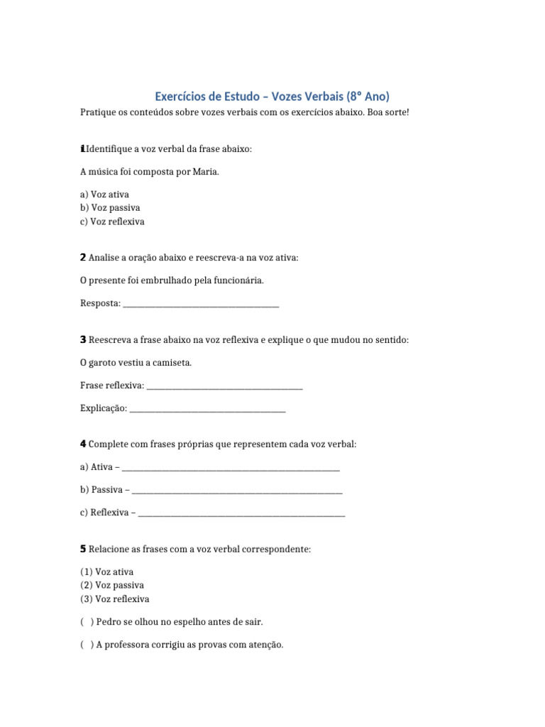 Exercícios de Vozes Verbais - 8º Ano | PDF