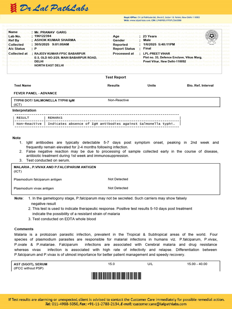 Malaria Blood Test Report Summary | PDF | Malaria | Plasmodium Falciparum