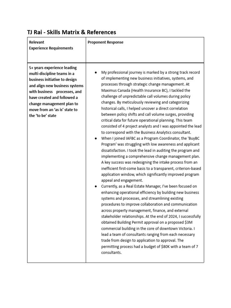 TJ Rai - Skills Matrix & References | PDF | Performance Indicator ...