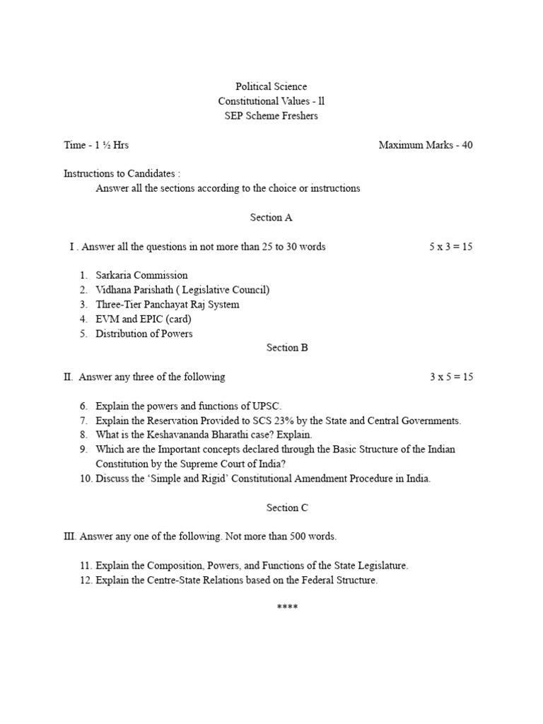 Political Science - ConstitionalValues - Paper - 1 | PDF