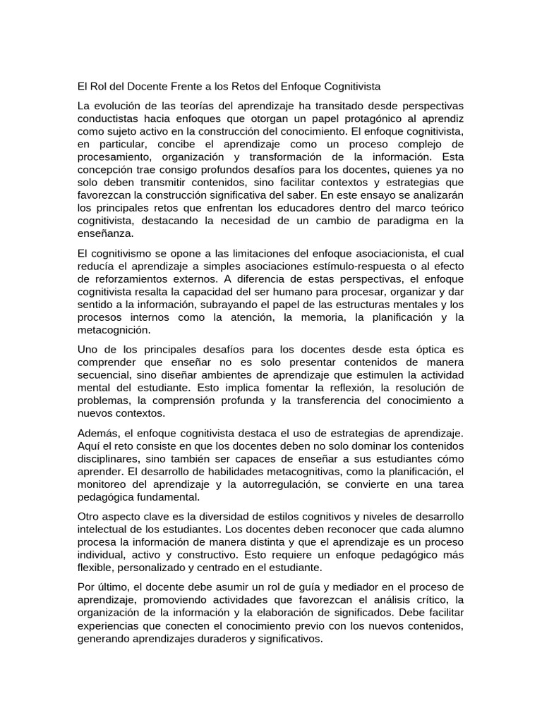 El Rol Del Docente Frente A Los Retos Del Enfoque Cognitivista | PDF ...
