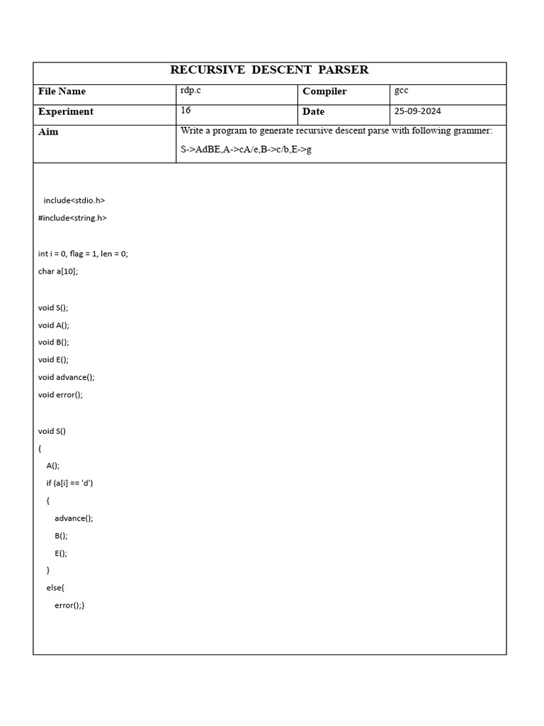 Recursive Descent Parser in C Code | PDF