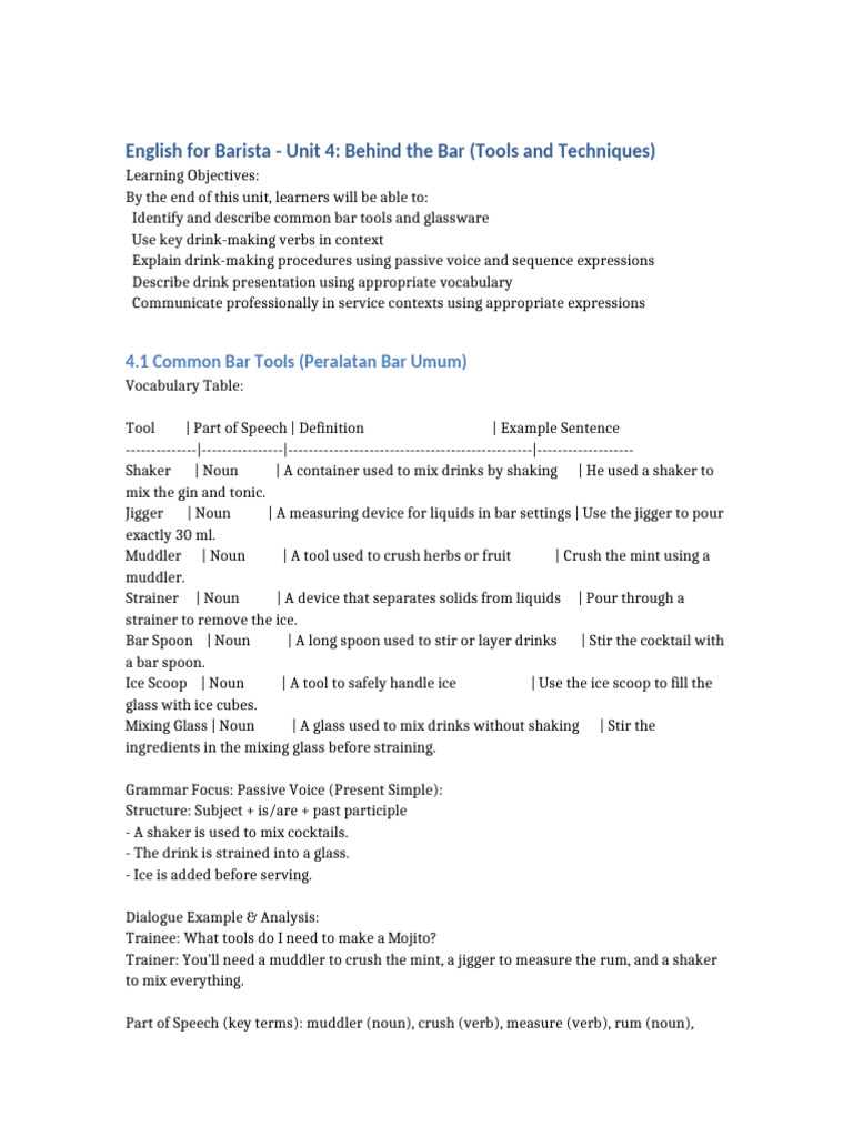 Barista Verbs and Tools Explained | PDF | Martini (Cocktail) | Linguistics