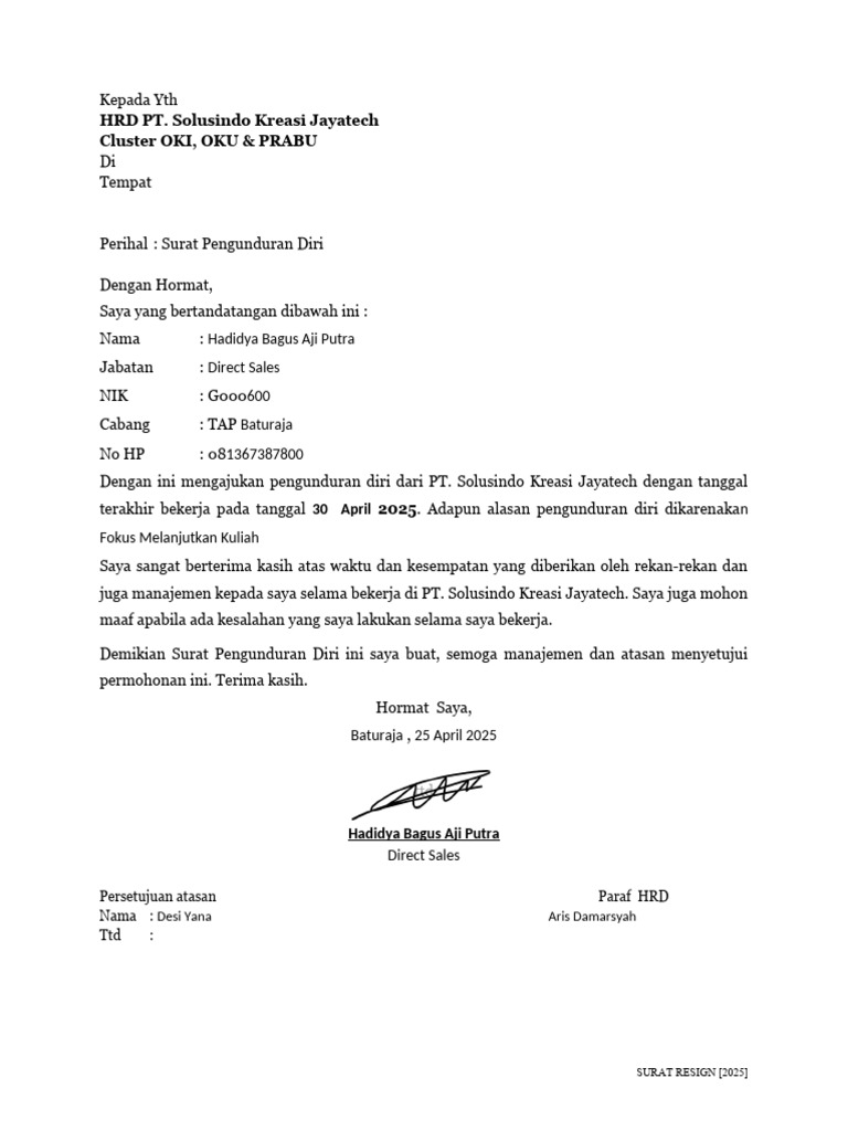 Form Surat Resign Karyawan SKJ Cluster OKI OKU PRABU - Copy-1 | PDF
