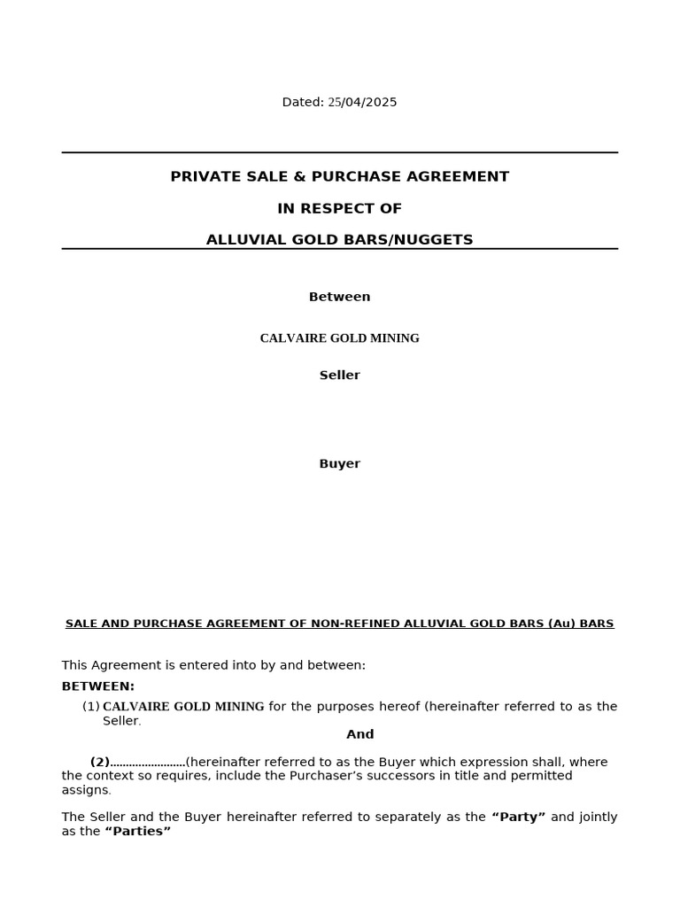 Alluvial Gold Bars Purchase Agreement | PDF | Arbitration | Gold