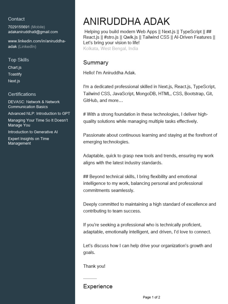 Aniruddha Adak Professional Resume of Web Developer | PDF | Computing