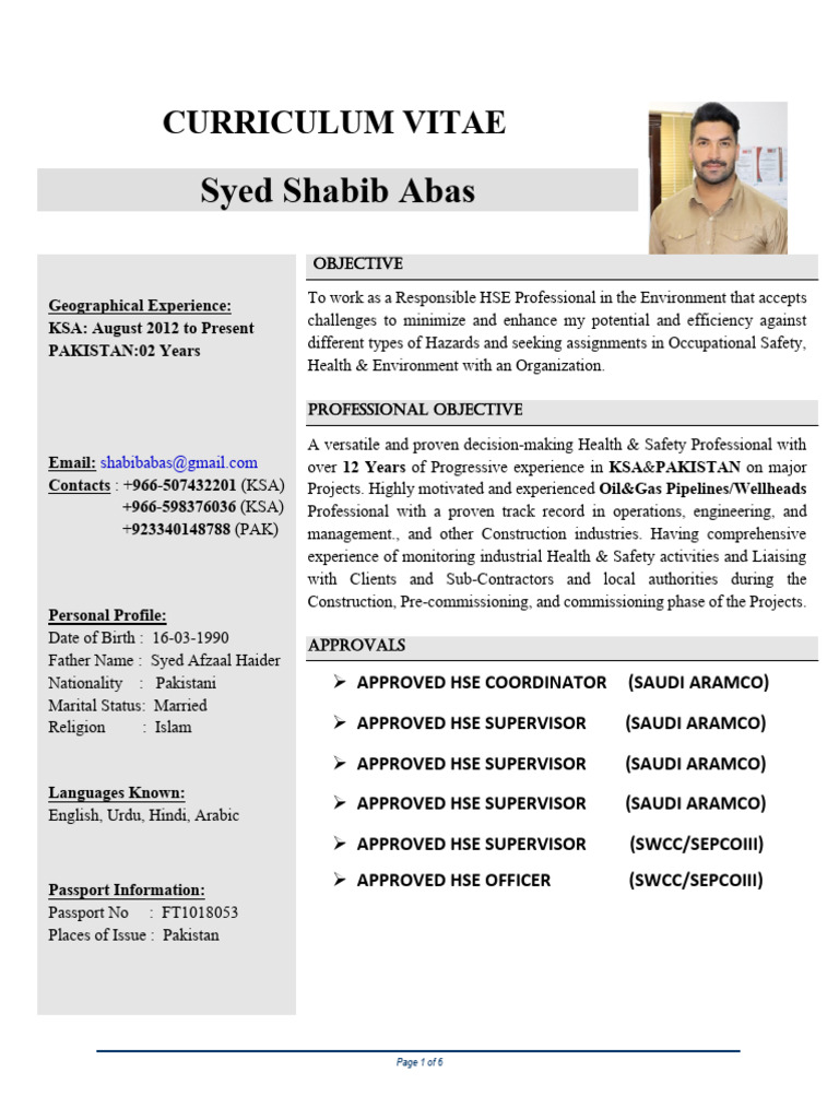 HSE Professional CV: Syed Shabib Abas | PDF | Safety | Occupational ...