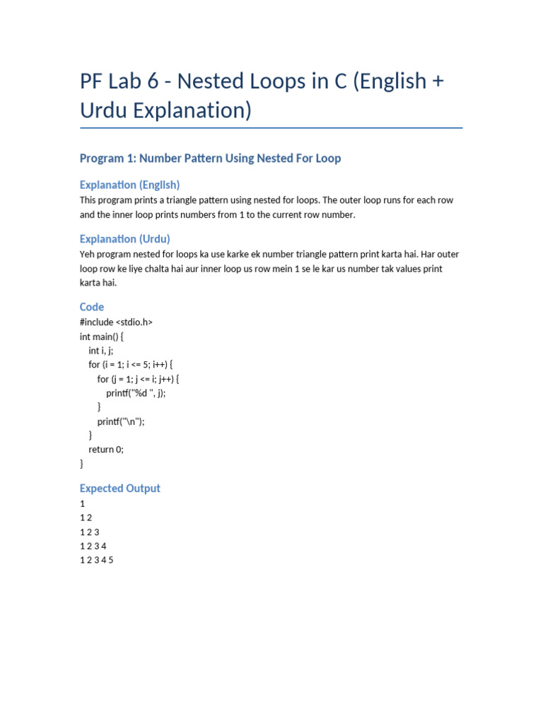 Nested Loops in C: Urdu & English Guide | PDF