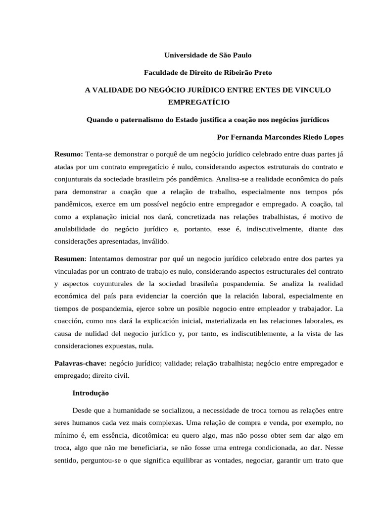A Validade Do Negócio Jurídico Entre Entes de Vinculo Empregatício ...