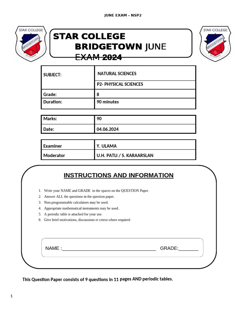 Grade 8 Natural Sciences June Exam 2024 | PDF | Chemical Substances ...