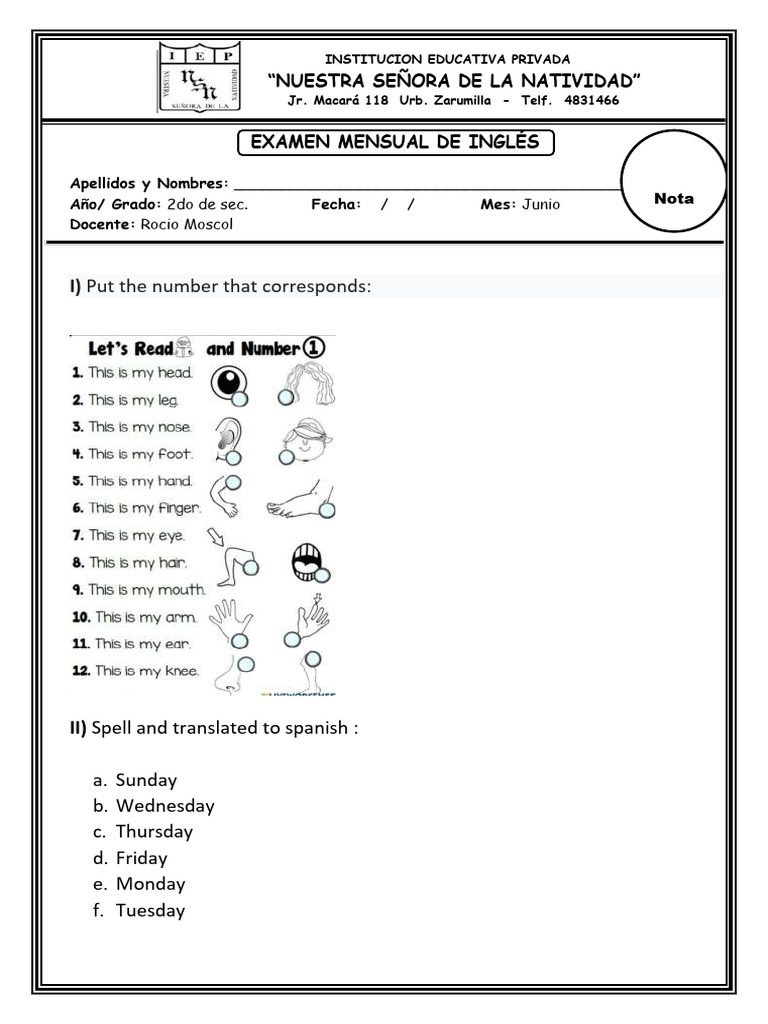 Examen 2do Sec. Ingles | PDF