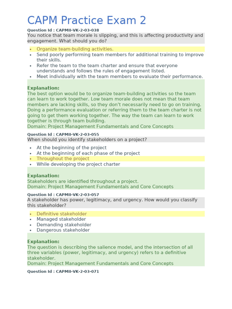 CAPM Practice Exam 2 Questions & Answers | PDF | Project Management