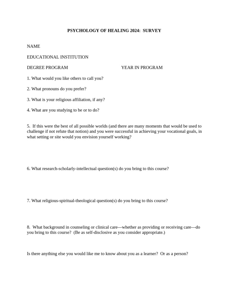 Psychology of Healing 2024 Survey | PDF