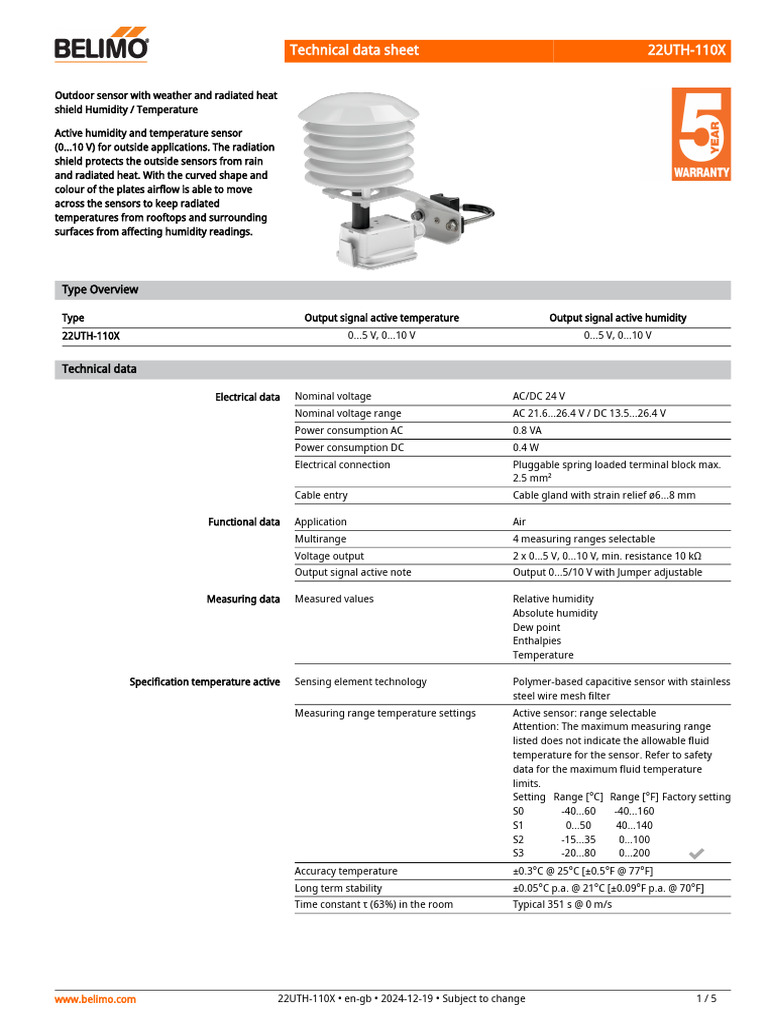Belimo 22UTH-110X Sensor Data Sheet | PDF | Sensor | Humidity