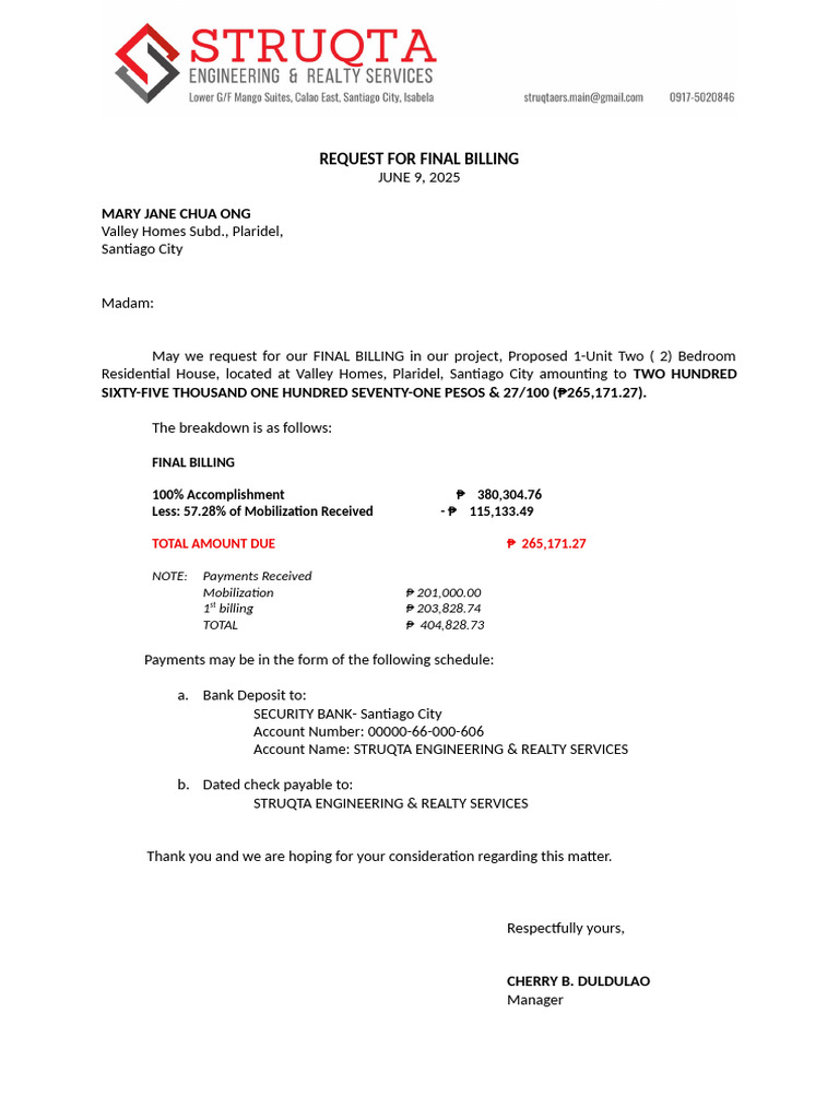 Request for Final Billing Statement | PDF
