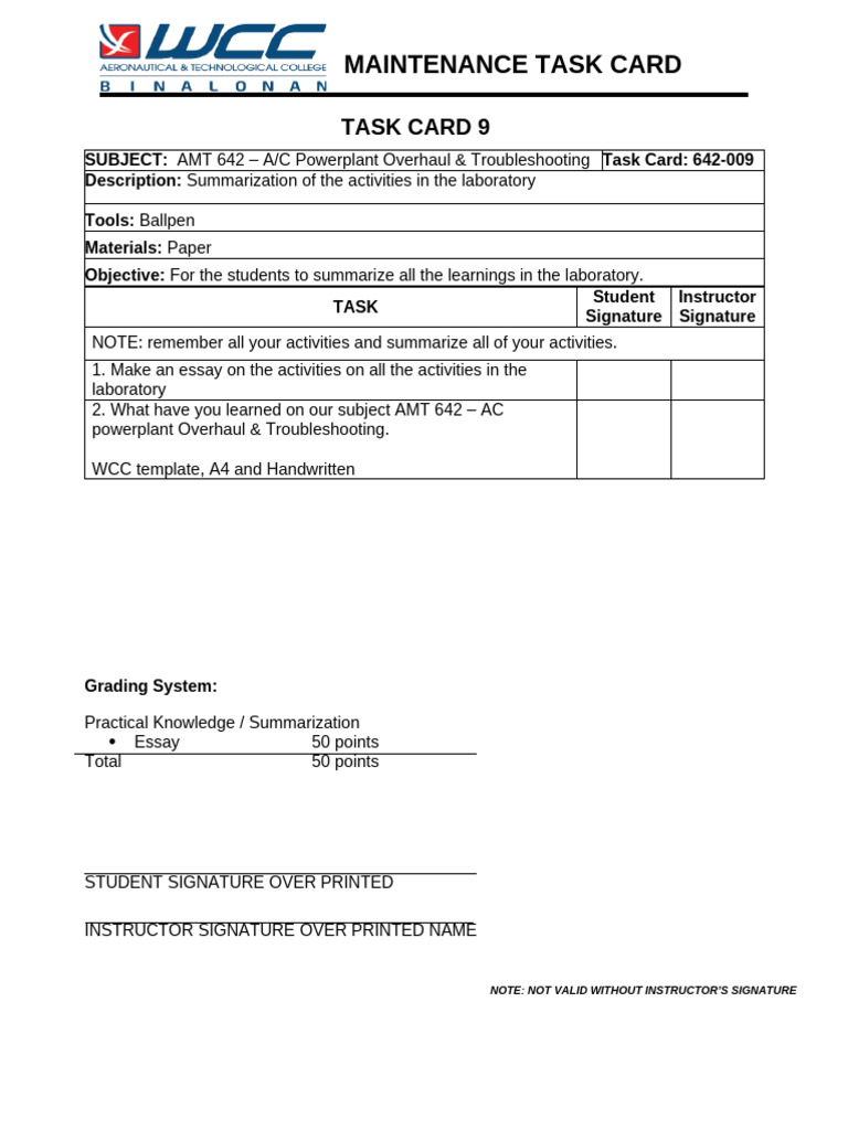 AMT 642 Task Card 9 | PDF