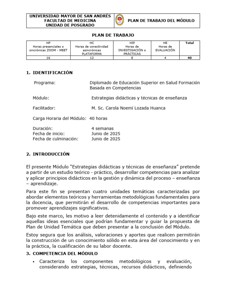 Plan de Trabajo Docente Umsa 2025 | PDF | Enseñando | Evaluación
