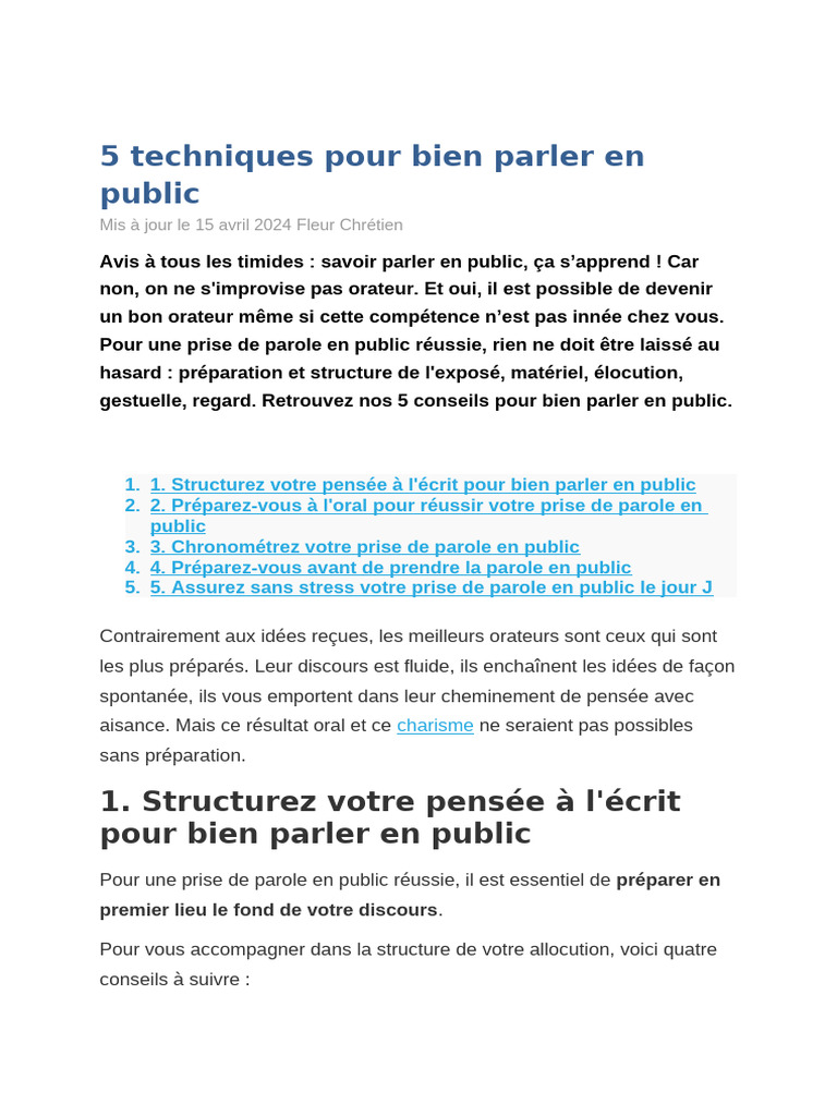 Techniques pour bien parler en public | PDF | Discours | la communication