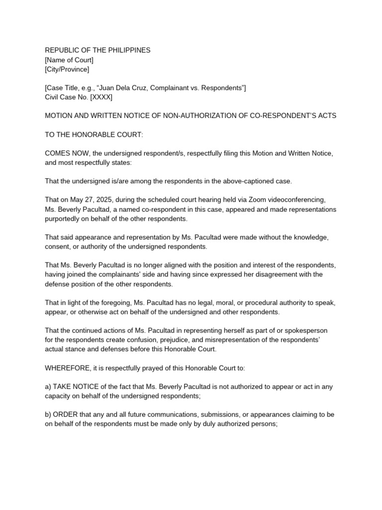 Motion Against Unauthorized Representation | PDF