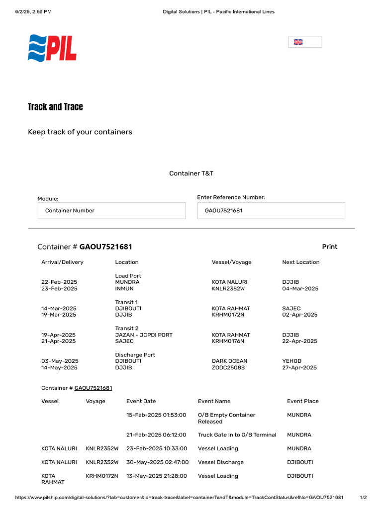 PIL Container Tracking Overview | PDF | Shipping | Water Transport