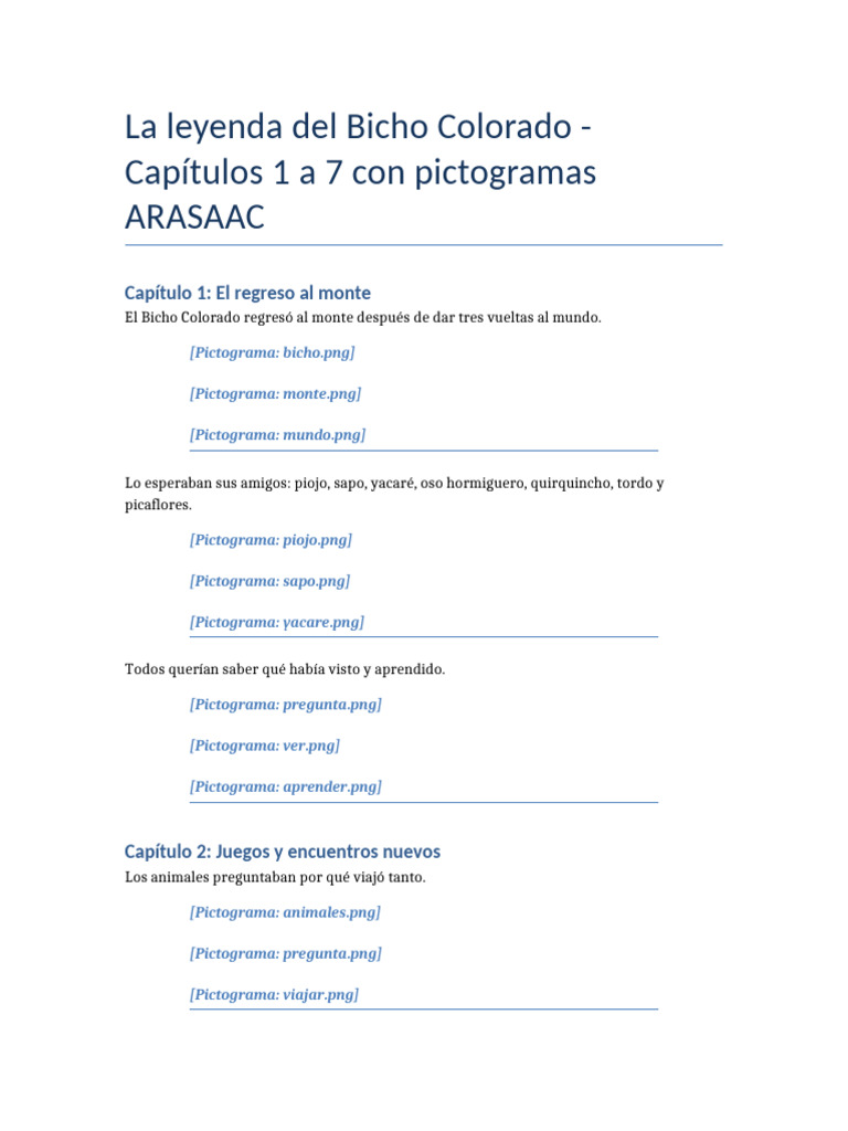 La_leyenda_del_Bicho_Colorado_Cap_1_a_7_con_pictogramas_ARASAAC | PDF