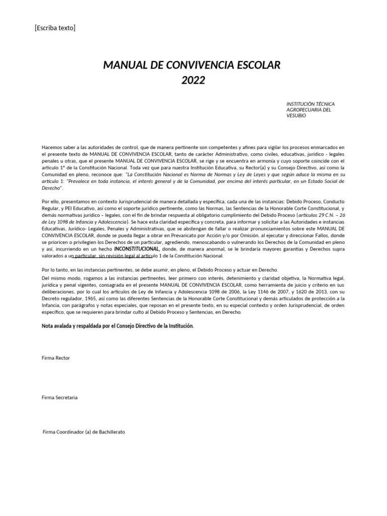 Manual de Convivencia Escolar 2022 | PDF | Institución | Educación de ...