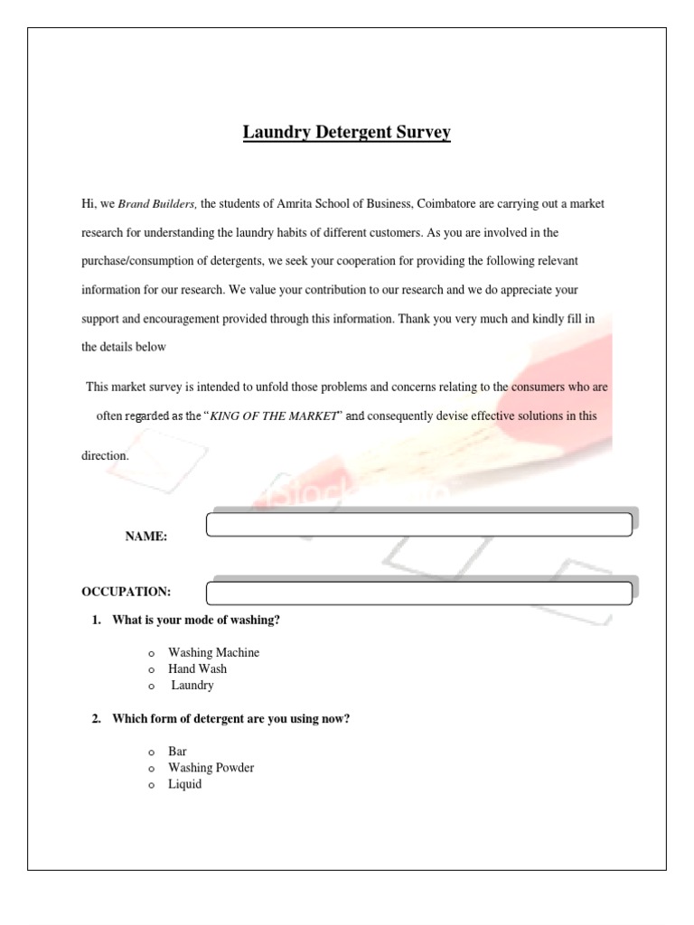 Laundry Detergent Survey Occupation 1. What Is Your Mode of Washing