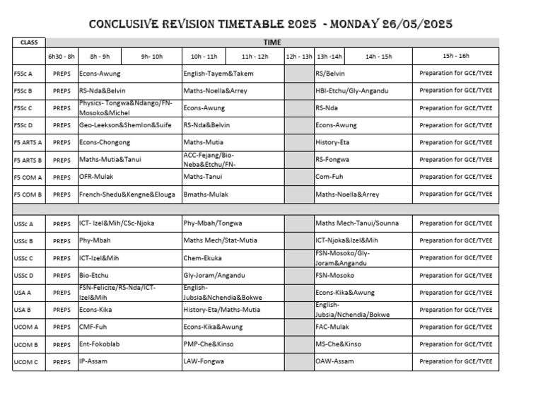 Conclusive Revision Timetable - Monday - 26-05-2025 | PDF