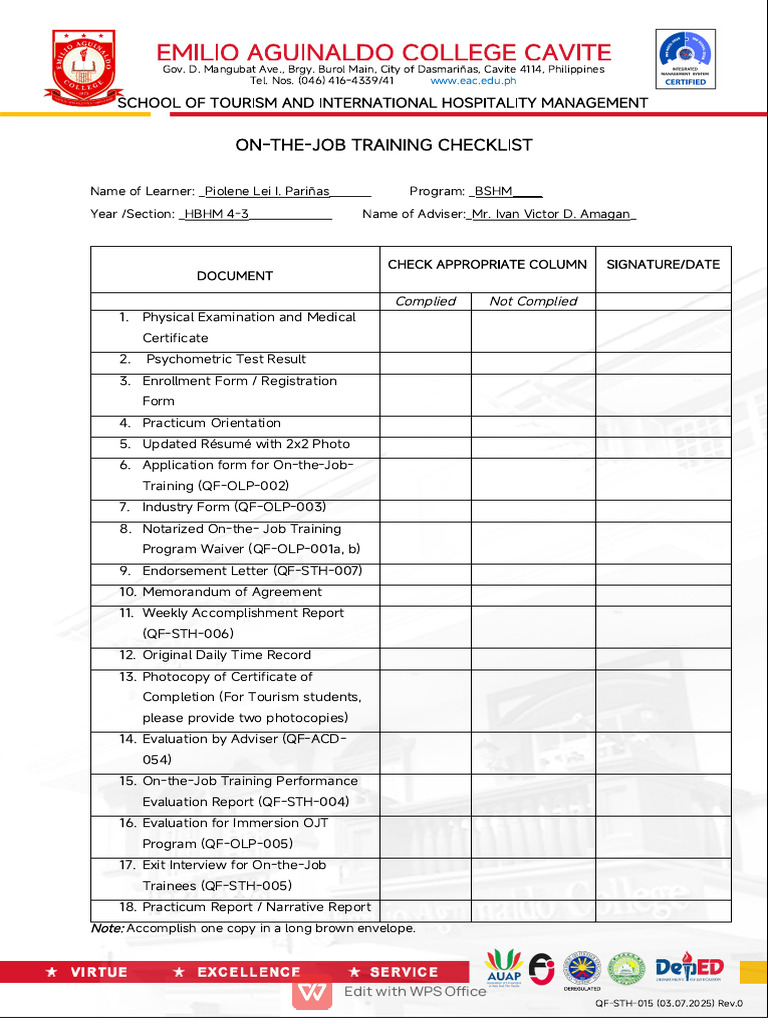 On-the-Job Training Checklist for BSHM | PDF