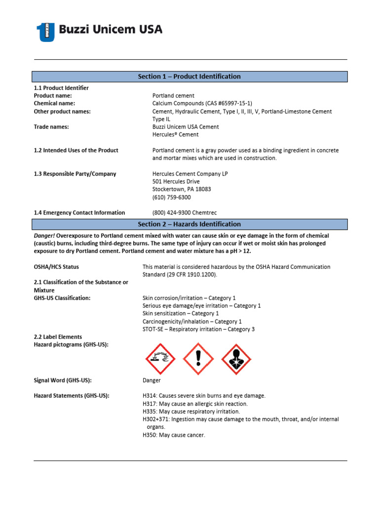 Portland Cement & Portland Limestone Cement SDS | PDF | Cement ...