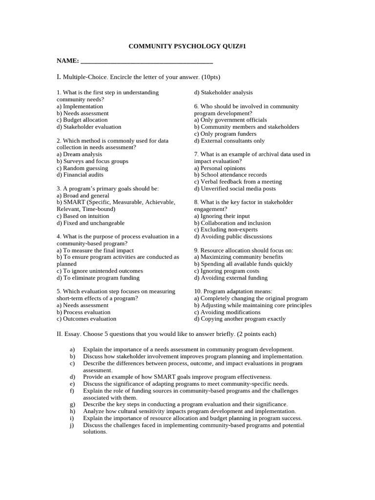 Community Psychology Quiz and Assessment Guide | PDF | Evaluation ...