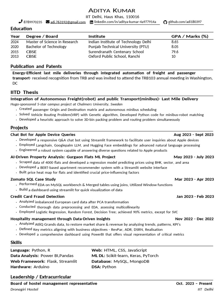 Aditya Kumar: IIT Delhi Profile | PDF | Information Technology | Computing