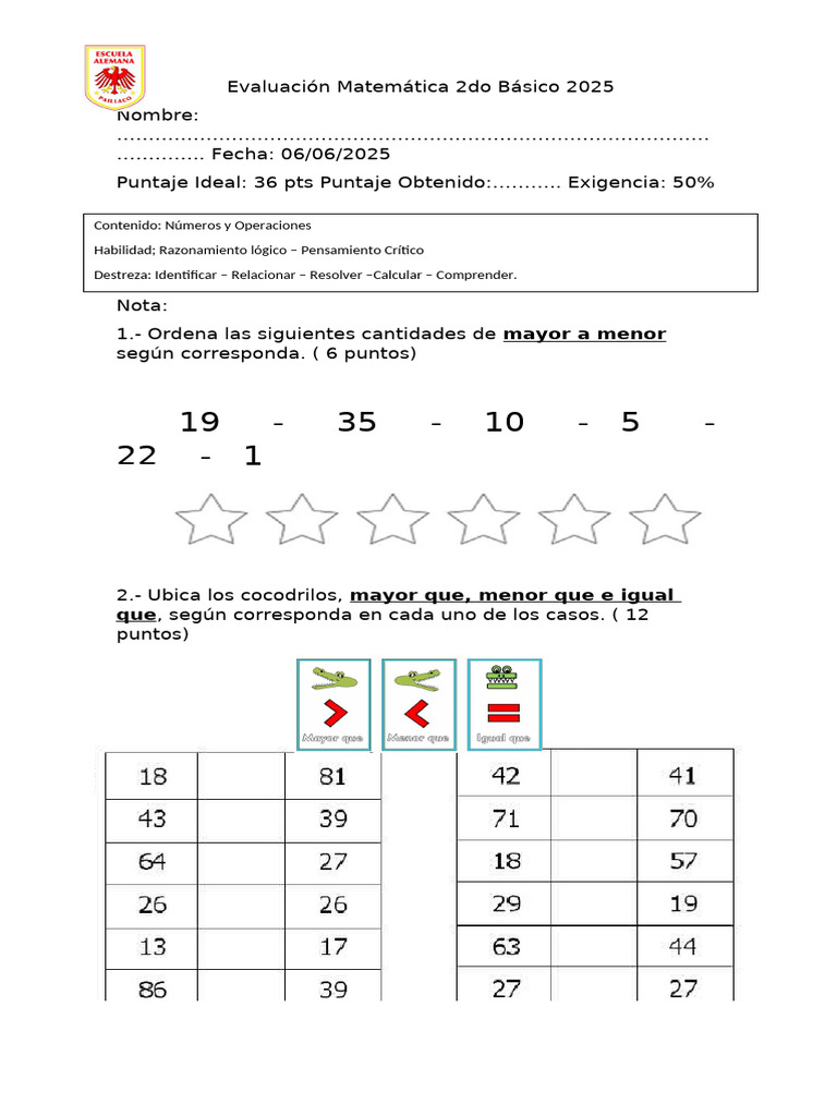 Evaluación Matemática 2do Básico 2025 Santi | PDF