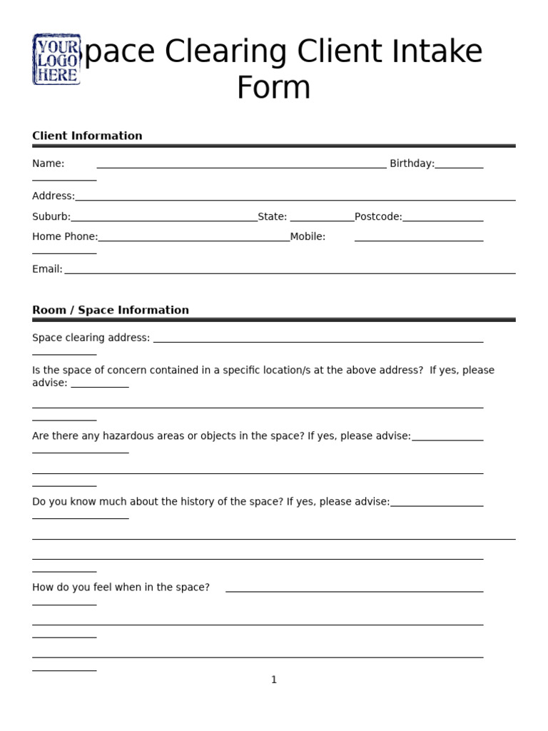 Space Clearing Client Intake Form | PDF