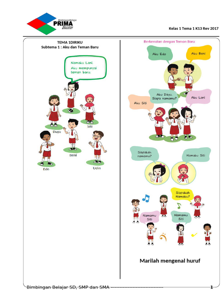Kelas 1 Tema 1 Sub Tema 1 Revisi 2017 Dibuat 2018 Pdf