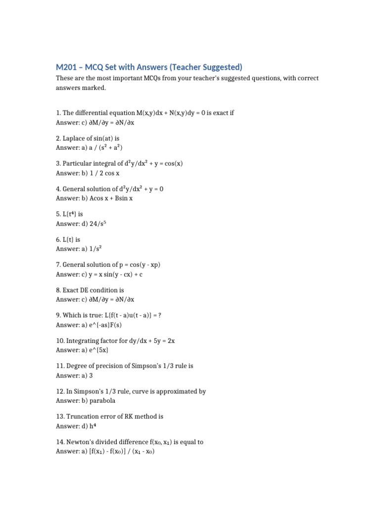 Essential MCQs with Answers for M201 | PDF | Mathematical Analysis ...