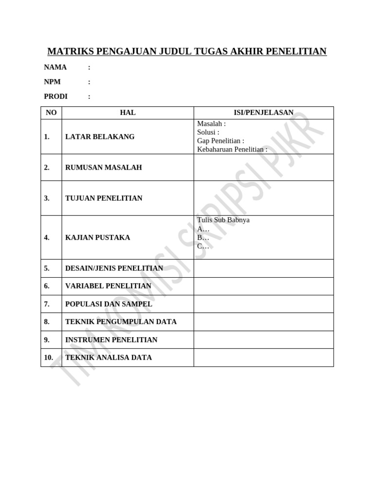 Matriks Pengajuan Judul Proposal Penelitian Fix | PDF