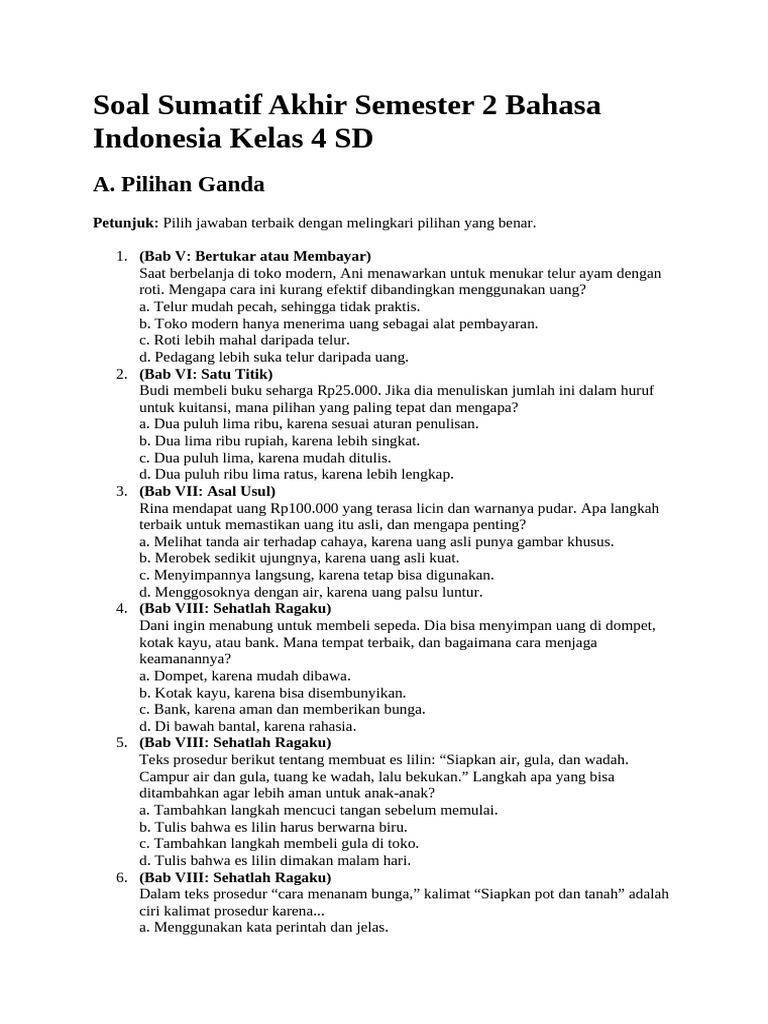 Soal Bahasa Indonesia Kelas 4 SD Semester 2 | PDF