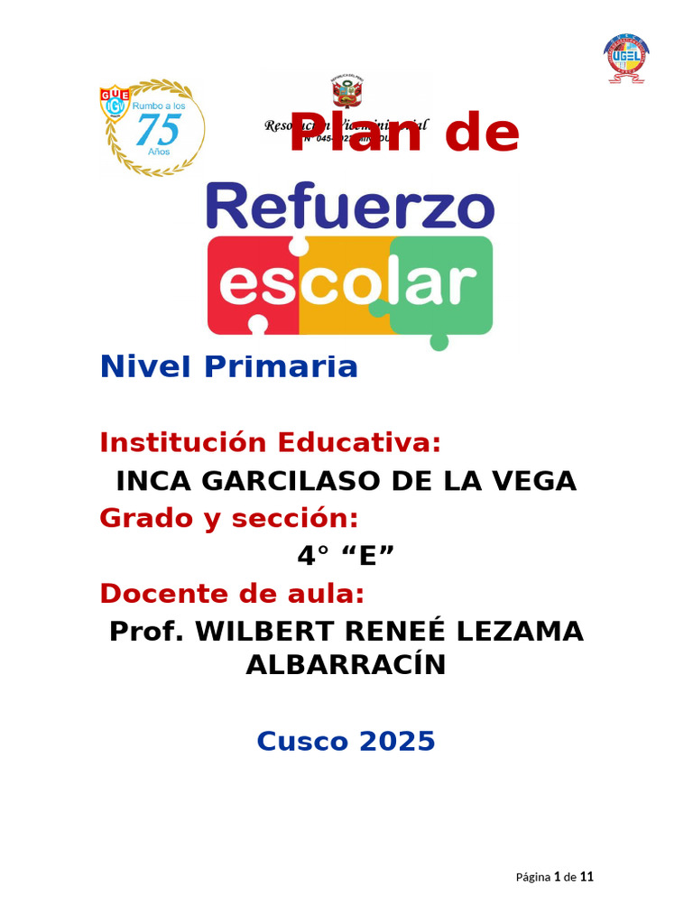 Plan de Refuerzo Escolar 2025 Primaria | PDF | Salón de clases ...