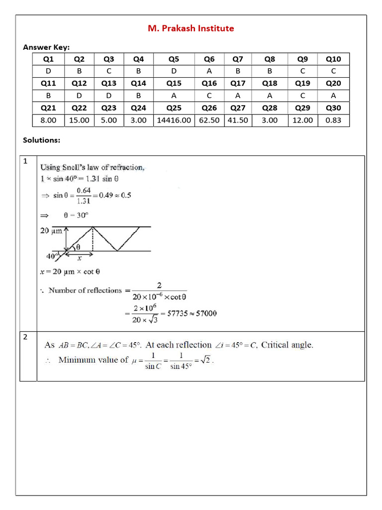 M. Prakash Institute Answer Key & Solutions | PDF