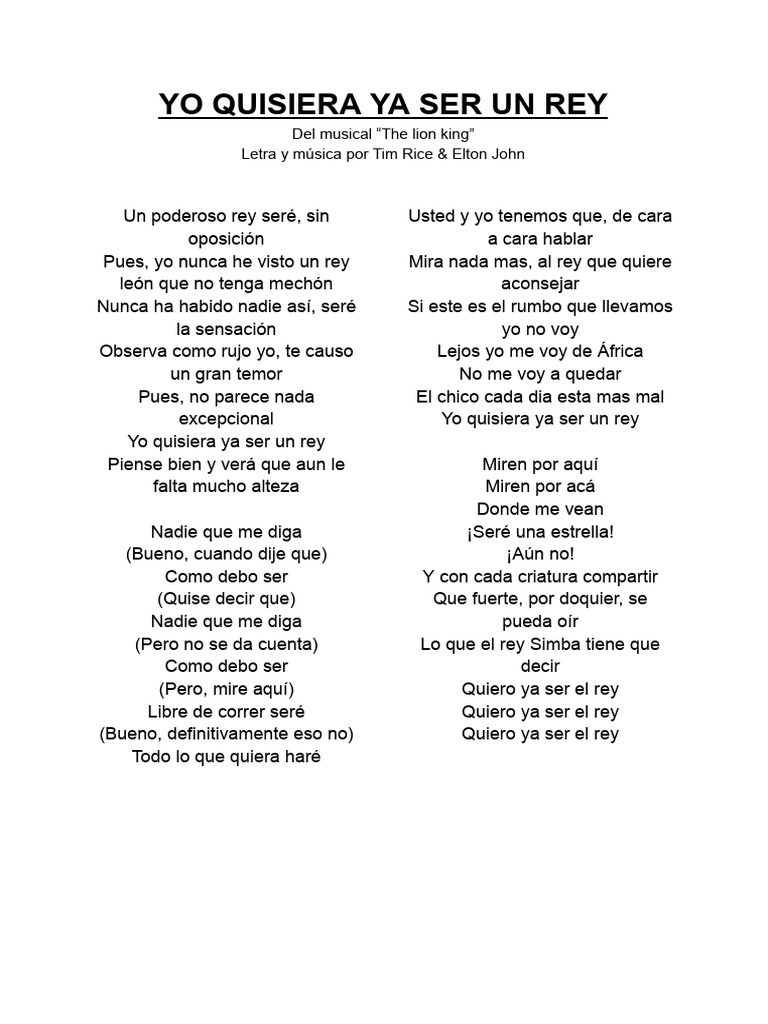Quiero Ser Rey: Letra de El Rey León | PDF