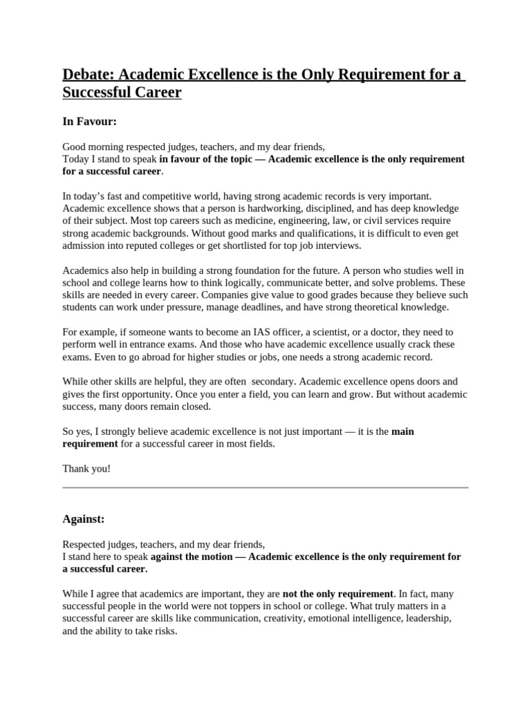 Debate on Academic Excellence for Success | PDF | Teachers | Creativity