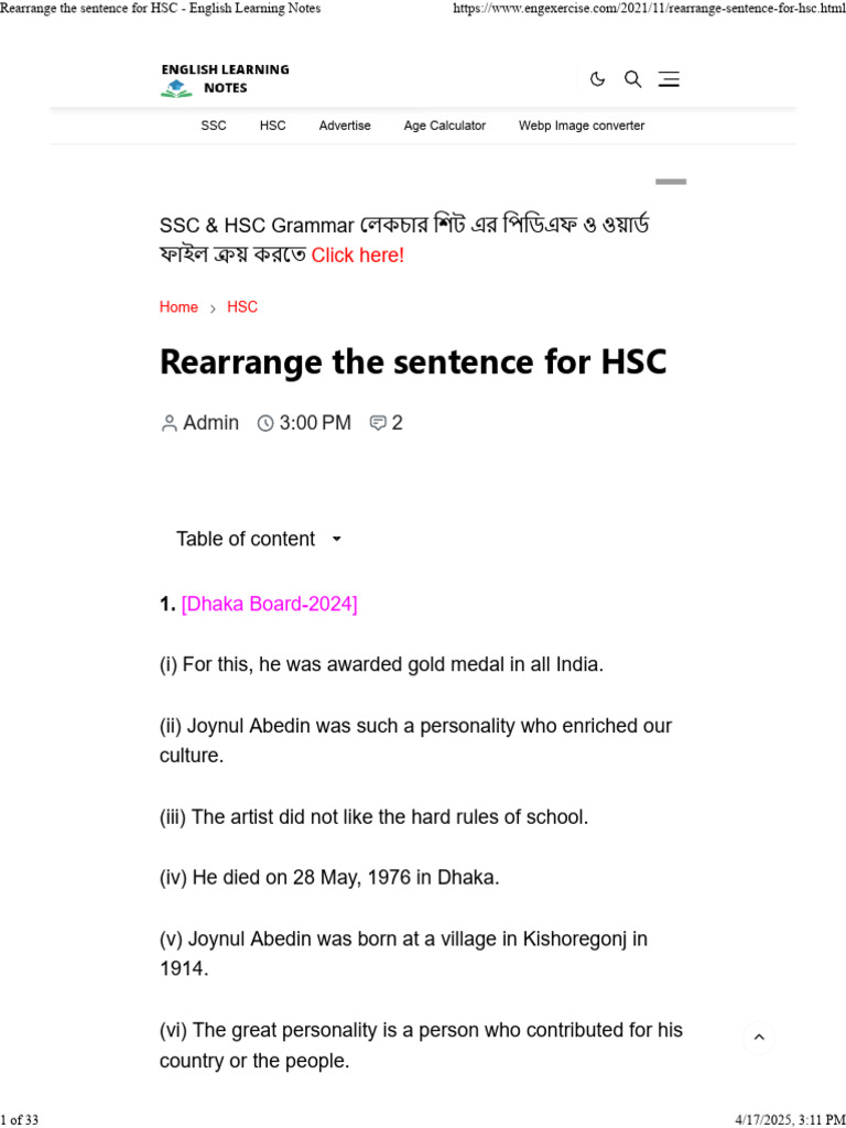 HSC Sentence Rearrangement Guide | PDF