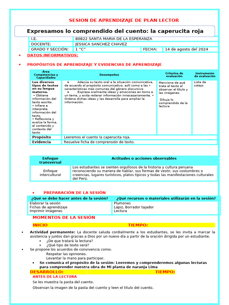 Sesión de Aprendizaje: Plan Lector 1C | PDF | Aprendizaje | Procesos ...